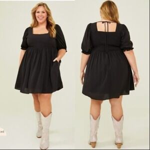 Black‎ Square Neck Smocked Puff Sleeve Mini Dress Womens Size 1X